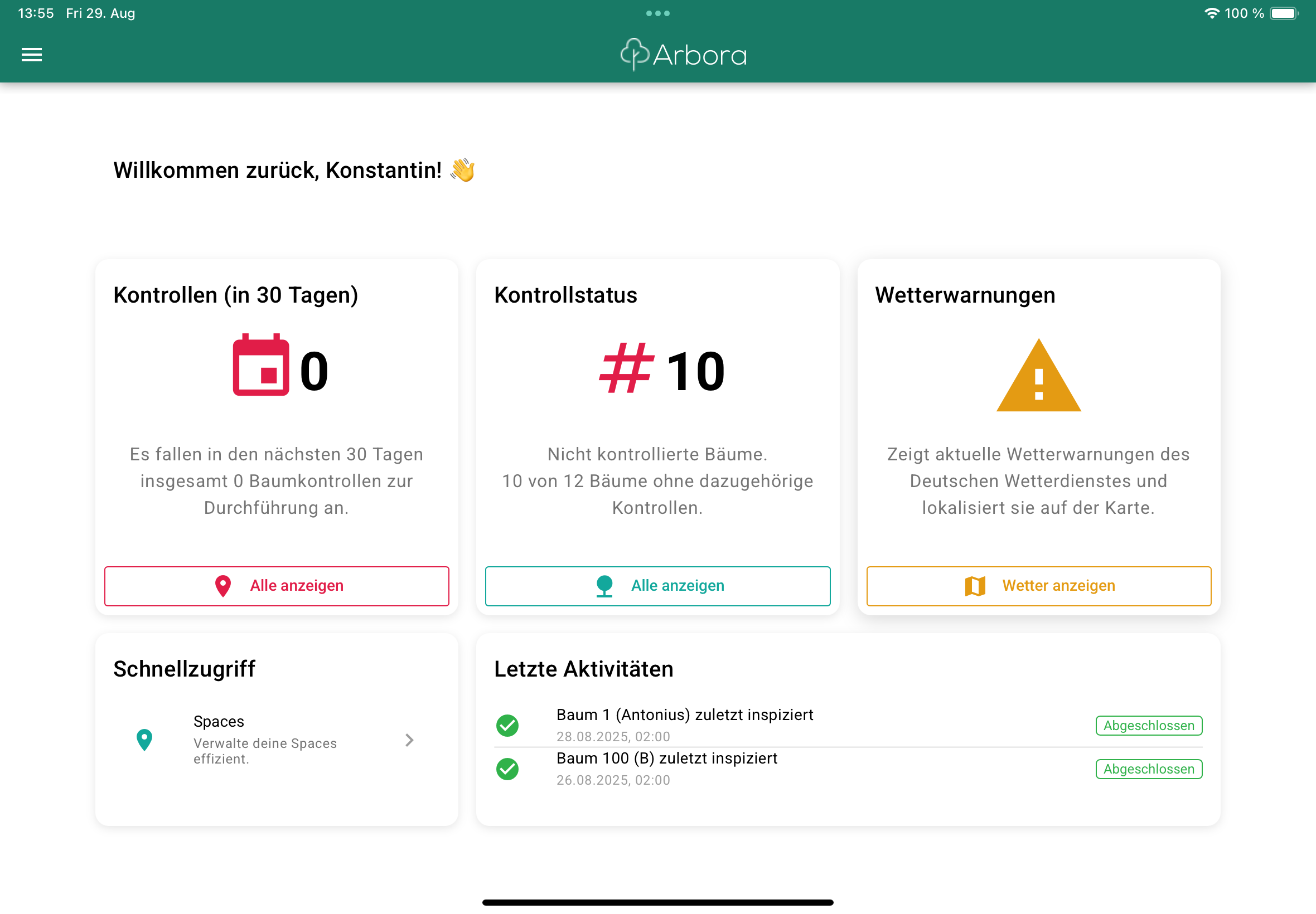 Arbora.app Dashboard – Übersicht über Baumbestände und Pflegeaufgaben